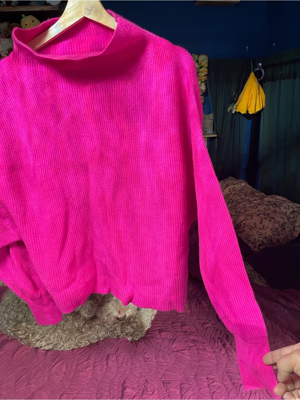 Pilcro Vibrant Pink Cashmere Ribbed Funnel Neck Sweater